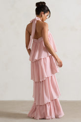 Light Pink Halter-Neck Ruffle Maxi Dress